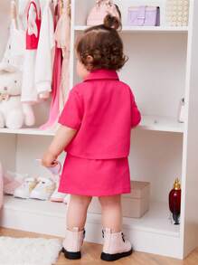 SHEIN 嬰兒女孩翻蓋細節襯衫和裙子 - 玫紅色 - 查看 3