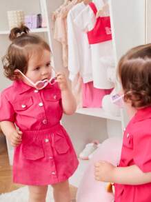 SHEIN 嬰兒女孩翻蓋細節襯衫和裙子 - 玫紅色 - 查看 4