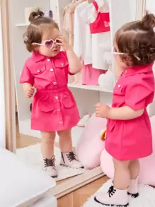 SHEIN 嬰兒女孩翻蓋細節襯衫和裙子 - 玫紅色 - 查看 1