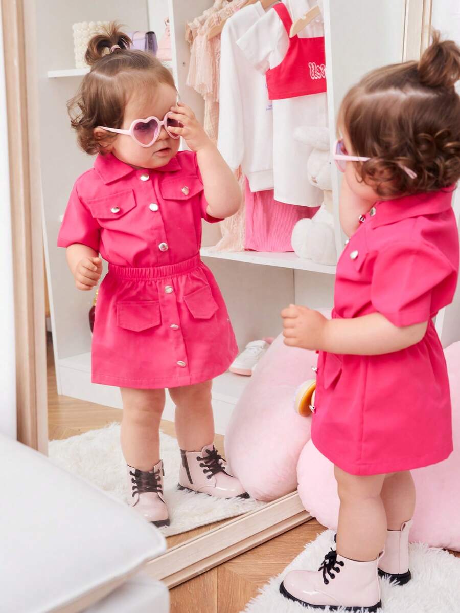 SHEIN 嬰兒女孩翻蓋細節襯衫和裙子 - 玫紅色 - 查看 1