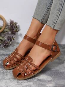 Women Braided Detail Flat Sandals, Vacation Brown Ankle Strap Sandals - Brown - View 4