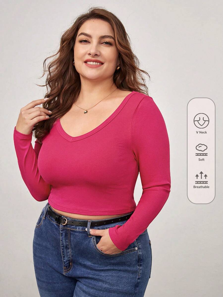 SHEIN BASICS Plus Solid V-Neck Crop Tee - Red Violet - View 1