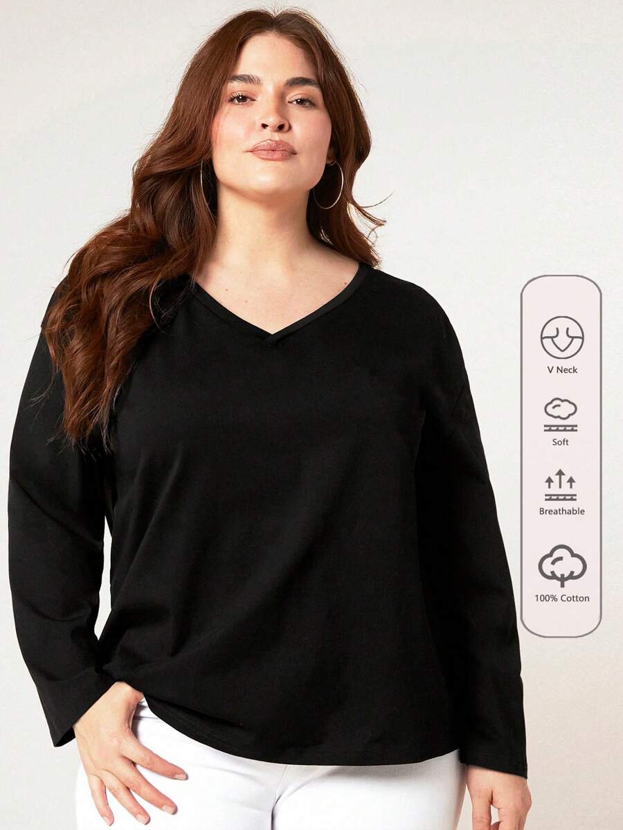 SHEIN BASICS Plus Size Solid V Neck Tee - Black - View 1