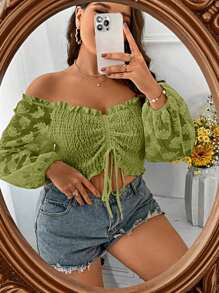 Celure 大碼一字肩褶邊前抽繩燈籠袖短款上衣 - 青檸色 - 查看 1