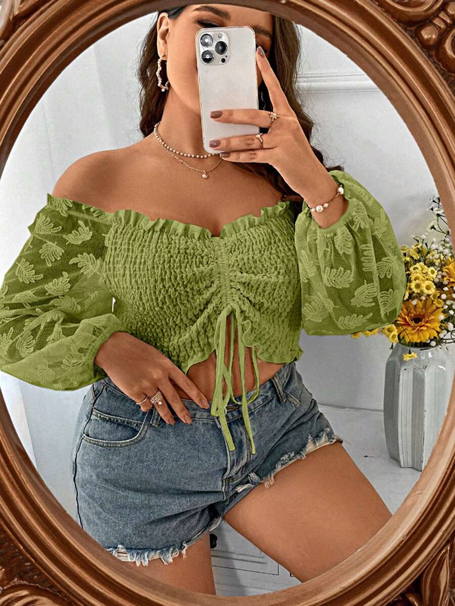 Celure 大碼一字肩褶邊前抽繩燈籠袖短款上衣 - 青檸色 - 查看 1