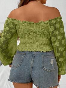 Celure 大碼一字肩褶邊前抽繩燈籠袖短款上衣 - 青檸色 - 查看 2