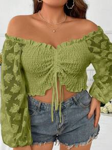 Celure 大碼一字肩褶邊前抽繩燈籠袖短款上衣 - 青檸色 - 查看 3