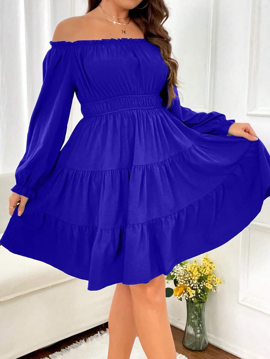 Celure Plus Off Shoulder Flounce Sleeve Ruffle Hem Dress - Navy Blue - View 1