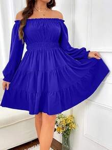 Celure Plus Off Shoulder Flounce Sleeve Ruffle Hem Dress - Navy Blue - View 3