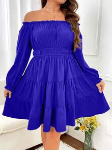 Celure Plus Off Shoulder Flounce Sleeve Ruffle Hem Dress - Navy Blue - View 7