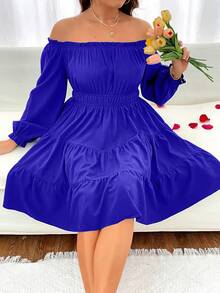 Celure Plus Off Shoulder Flounce Sleeve Ruffle Hem Dress - Navy Blue - View 8