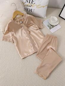 女孩蕾絲拼接前紐扣睡衣套裝 - 卡其色 - 查看 1