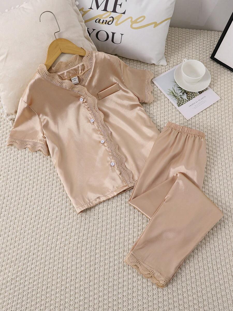 女孩蕾絲拼接前紐扣睡衣套裝 - 卡其色 - 查看 1