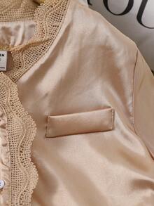 女孩蕾絲拼接前紐扣睡衣套裝 - 卡其色 - 查看 3