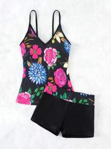 SHEIN Swim Quần short in hoa đi biển mùa hè Tankini - Nhiều màu - Xem 3