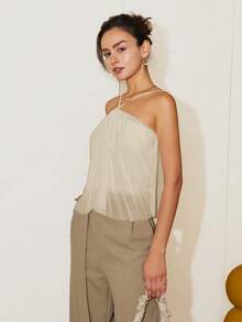 Women's Casual Solid Color Halter Neck Top, Spring/Summer - Beige - View 4