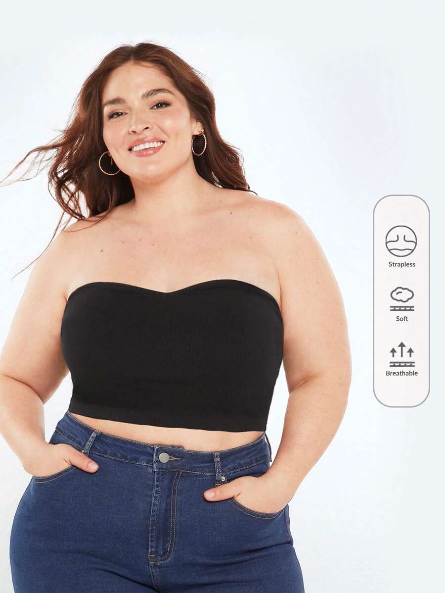 SHEIN BASICS Plus Solid Tube Top For Summer - Black - View 1