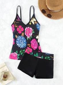 SHEIN Swim Quần short in hoa đi biển mùa hè Tankini - Nhiều màu - Xem 4