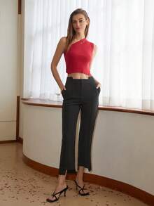 Solid Asymmetrical Hem Pants - Black - View 5