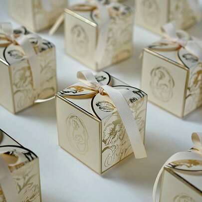 10pcs Paper Gift Box, Modern Flower Pattern Bow Decor Gift Box For Home