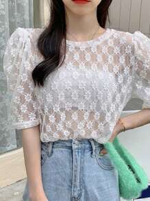 DAZY 花卉刺绣泡泡袖网眼衬衫（无吊带背心） - 白色 - 查看 1