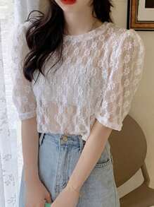 DAZY 花卉刺绣泡泡袖网眼衬衫（无吊带背心） - 白色 - 查看 6