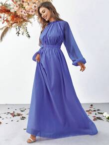 褶邊燈籠袖雪紡連衣裙 - 藍色 - 查看 5
