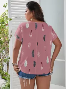 SHEIN LUNE Plus Feather Print Keyhole Neck Dolman Sleeve Blouse For Summer - Dusty Pink - View 2