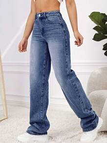 SHEIN EZwear 斜口袋直筒牛仔褲 - 中等水洗藍 - 查看 4