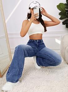 SHEIN EZwear 斜口袋直筒牛仔褲 - 中等水洗藍 - 查看 5