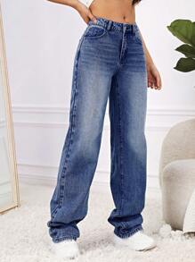 SHEIN EZwear 斜口袋直筒牛仔褲 - 中等水洗藍 - 查看 6