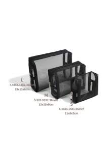 Túi đựng đồ vệ sinh cá nhân bằng lưới 3 chiếc/bộ. Túi đựng đồ trang điểm có khóa kéo màu đen thời trang hàng ngày khi đi du lịch, phong cách Boho - màu đen - Xem 4