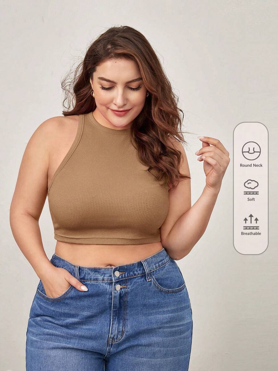 SHEIN BASICS Top De Tanque Corto Sólido Para Tallas Grandes - Marrón - Ver 1