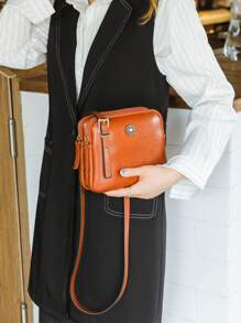復古風格方形肩袋，雙層間隔實心斜跨包，女士日常使用節日禮物 - 棕色 - 查看 3