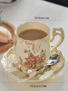1pc Floral Pattern Mug & 1pc Saucer & 1pc Spoon - Multicolor - View 6