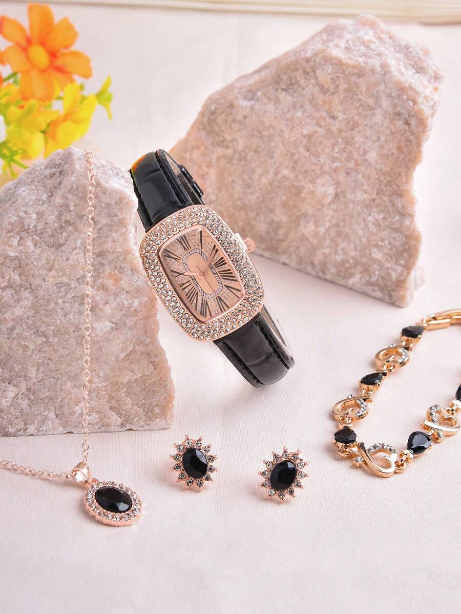 1pc Black PU Polyurethane Strap Glamorous Rhinestone Decor Square Dial Quartz Watch & 4pcs Jewelry Set, For Party - Black - View 1