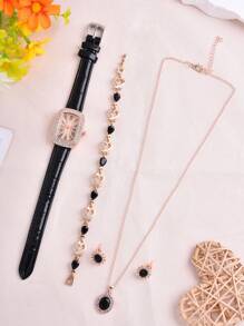 1pc Black PU Polyurethane Strap Glamorous Rhinestone Decor Square Dial Quartz Watch & 4pcs Jewelry Set, For Party - Black - View 2