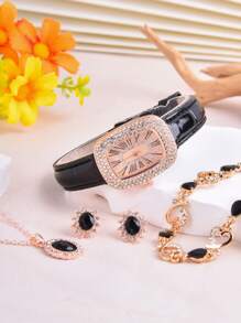 1pc Black PU Polyurethane Strap Glamorous Rhinestone Decor Square Dial Quartz Watch & 4pcs Jewelry Set, For Party - Black - View 3