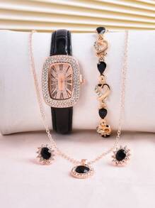 1pc Black PU Polyurethane Strap Glamorous Rhinestone Decor Square Dial Quartz Watch & 4pcs Jewelry Set, For Party - Black - View 4