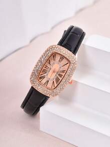1pc Black PU Polyurethane Strap Glamorous Rhinestone Decor Square Dial Quartz Watch & 4pcs Jewelry Set, For Party - Black - View 5
