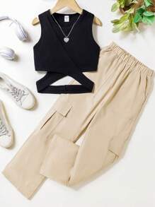 Girls Cut Out Tank Top & Flap Pocket Cargo Trousers - Multicolor - View 1