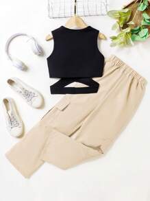 Girls Cut Out Tank Top & Flap Pocket Cargo Trousers - Multicolor - View 2