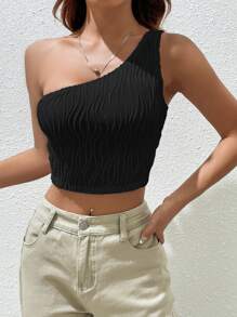 SHEIN EZwear 單肩短款上衣 - 黑色 - 查看 1