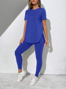 SHEIN Essnce Bộ đồ hai mảnh nữ Chia màu trơn Giải trí - Xanh đậm - Xem 1