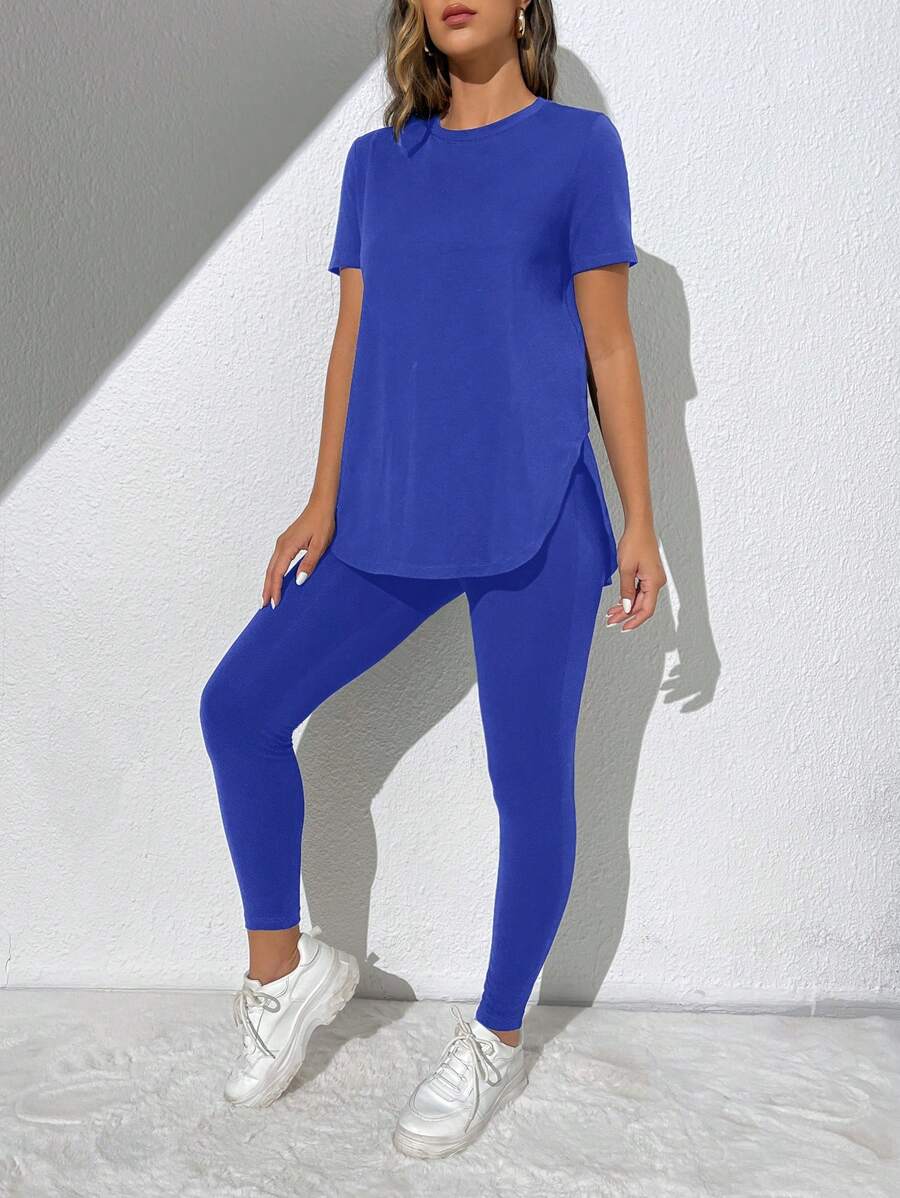 SHEIN Essnce Bộ đồ hai mảnh nữ Chia màu trơn Giải trí - Xanh đậm - Xem 1