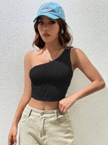 SHEIN EZwear 單肩短款上衣 - 黑色 - 查看 4