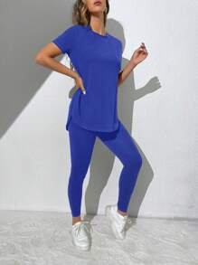 SHEIN Essnce Bộ đồ hai mảnh nữ Chia màu trơn Giải trí - Xanh đậm - Xem 3