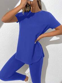 SHEIN Essnce Bộ đồ hai mảnh nữ Chia màu trơn Giải trí - Xanh đậm - Xem 4