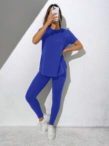 SHEIN Essnce Bộ đồ hai mảnh nữ Chia màu trơn Giải trí - Xanh đậm - Xem 6