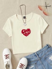 SHEIN EZwear 愛心和字母圖案短款T恤 - 米色 - 查看 2